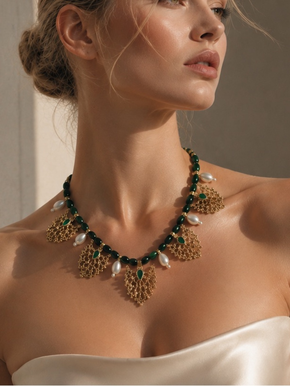 Gold Filigree Necklace with Green Beads and Pearl Drops